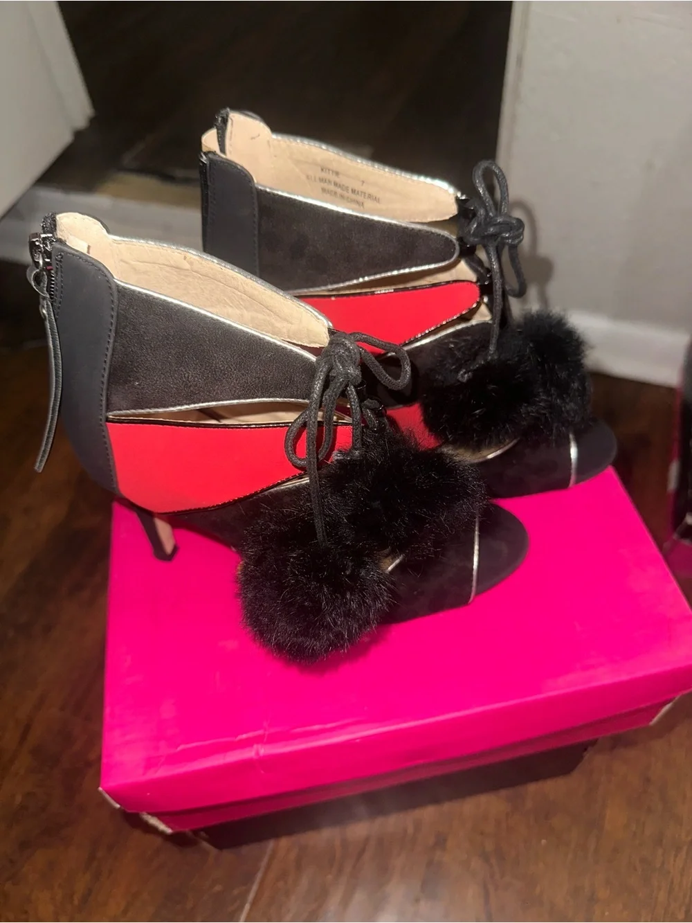 Catherine Women's Black and Red Pom-Pom Peep-Toe High Heels
